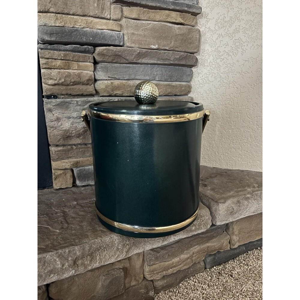 VINTAGE Green Golf Mr. Ice Bucket Gold Handles Golf Ball Made USA Faux Leather